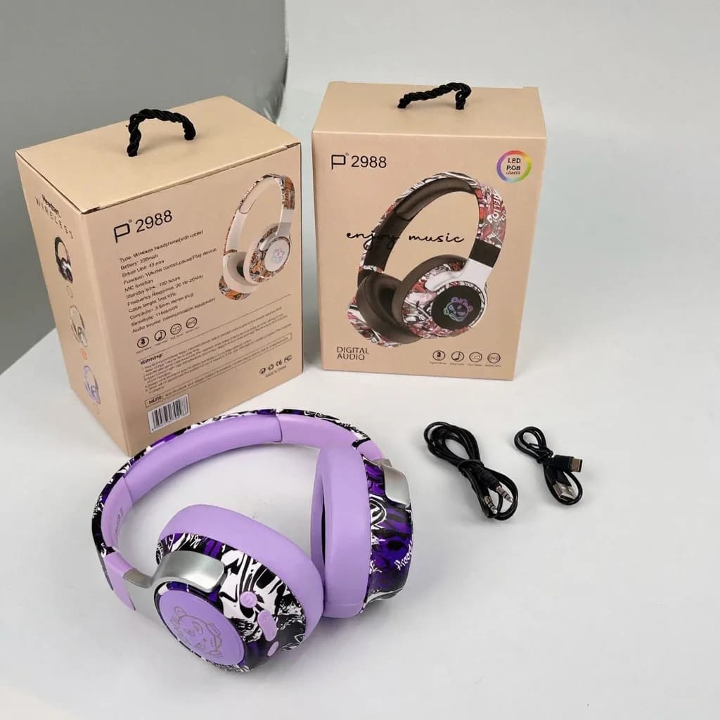אוזניות בלוטות' Over-Ear בעיצוב גרפיטי עם תאורת RGB ומיקרופון
