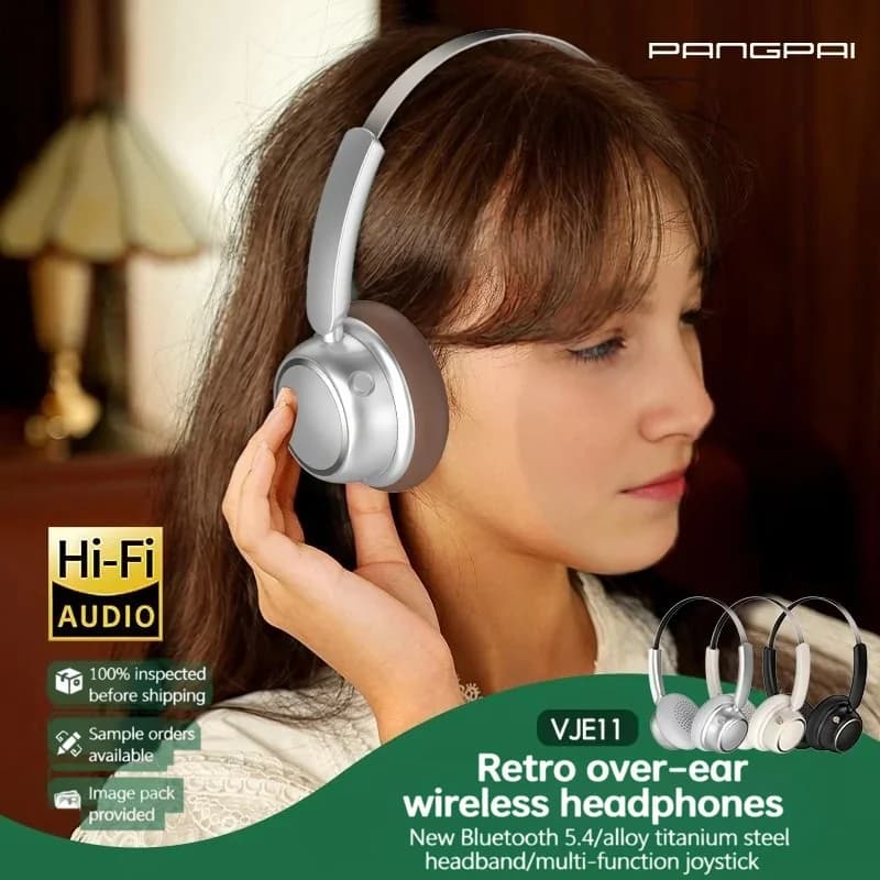 אוזניות Bluetooth אלחוטיות בסגנון רטרו עם רצועת ראש מתכתית וסוללה חזקה