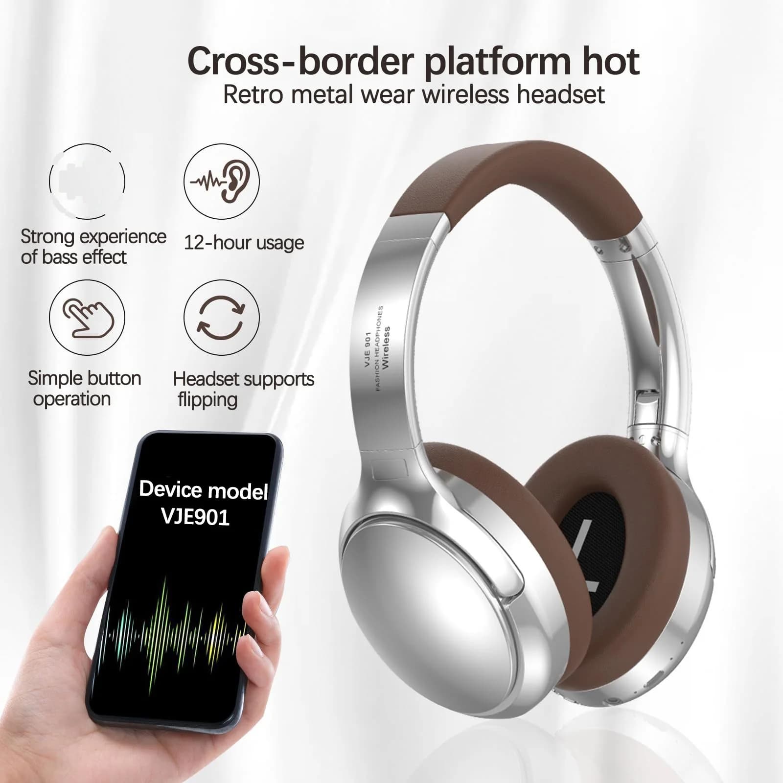 אוזניות Bluetooth אלחוטיות בסגנון רטרו Over-Ear סטריאו עם מיקרופון