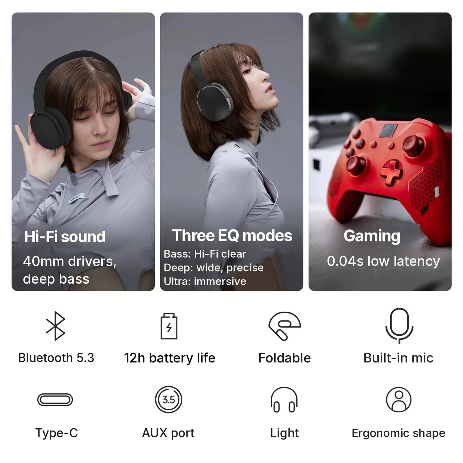 אוזניות Bluetooth אלחוטיות מעל האוזן עם 3 מצבי EQ ומיקרופון