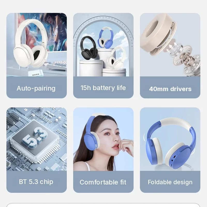 אוזניות אלחוטיות Bluetooth מעל האוזן עם חיי סוללה ארוכים