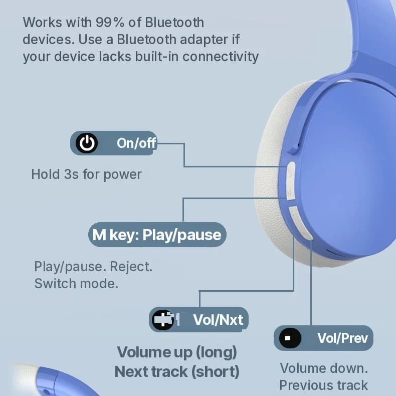 אוזניות אלחוטיות Bluetooth מעל האוזן עם חיי סוללה ארוכים